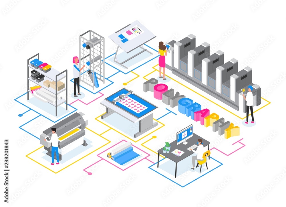 Poster printshop or printing service center with men and women working with plotters, offset and inkjet pri