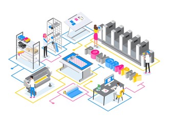 Printshop or printing service center with men and women working with plotters, offset and inkjet printers and other electronic equipment. Creative trendy colorful isometric vector illustration. - obrazy, fototapety, plakaty