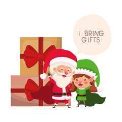santa claus and elf woman with gifts boxs