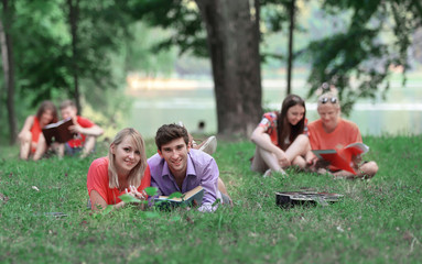 several pairs of students with books lying on the grass in the Park
