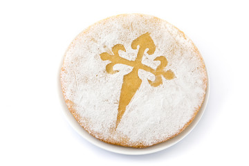 Tarta de Santiago. Traditional almond cake from Santiago in Spain, isolated on white background