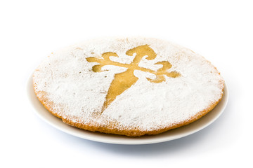 Tarta de Santiago. Traditional almond cake from Santiago in Spain, isolated on white background
