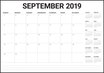 September 2019 desk calendar vector illustration