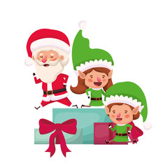 couple of elves and santa claus with gifts boxs