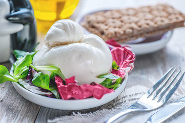 Burato cheese and lettuce for weight correction of Lollo Rosso lettuce leaves, watercress salad and other green herbs.