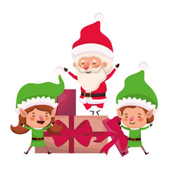 couple of elves and santa claus with gifts boxs