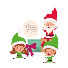 couple of elves and santa claus with gifts boxs