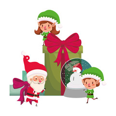 couple of elves and santa claus with gifts boxs