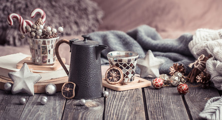 home comfort, details of the festive interior on a wooden table