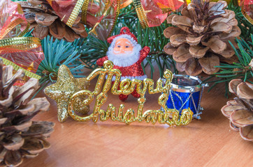 Christmas composition Top view on wooden background.