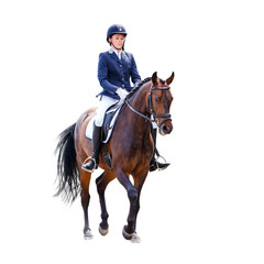 Young dressage woman on horse isolated on white