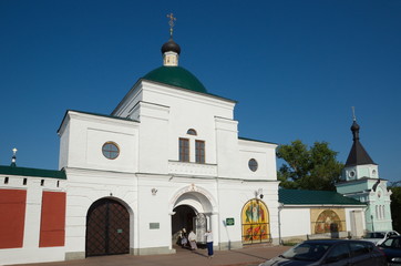 The Church of St. Cyril of Belozersky above the Western gate and the chapel of Xenia of the St. Petersburg in  Spaso-Preobrazhensky monastery. City of Murom, Vladimir region, Russia
