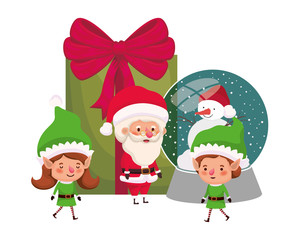 couple of elves and santa claus with gifts boxs