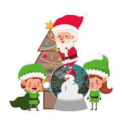 couple of elves and santa claus with christmas tree