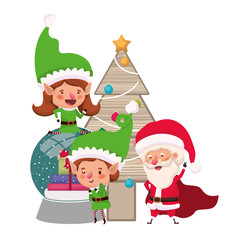 couple of elves and santa claus with christmas tree