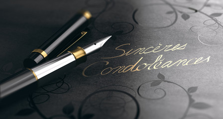 Fototapeta premium Sincères Condoléances en lettres d'or sur fond noir