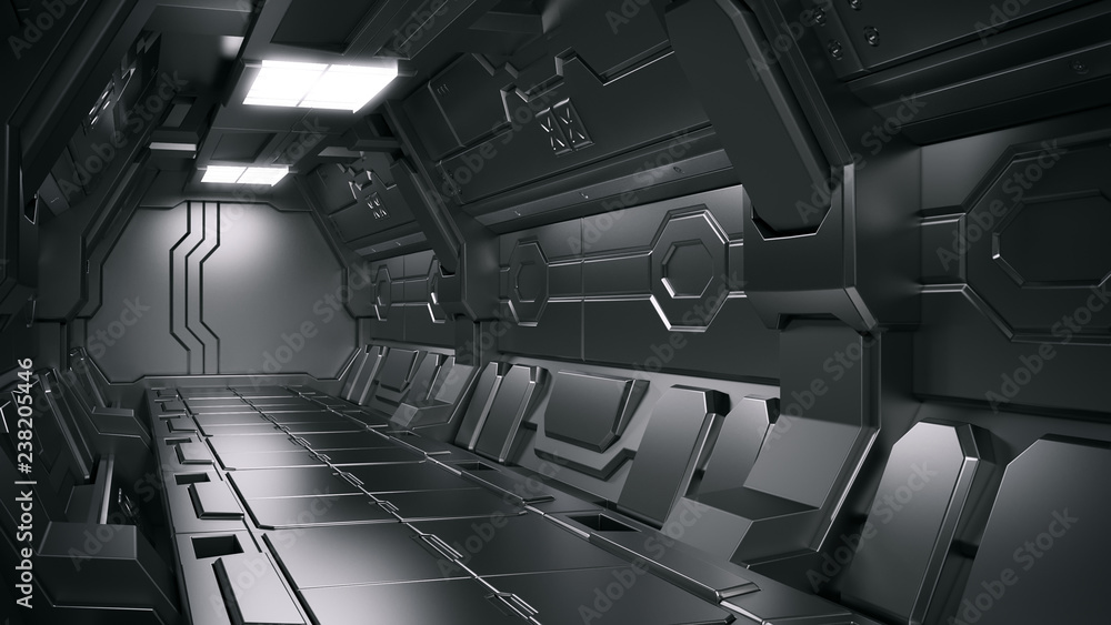 Wall mural 3d rendering of realistic sci-fi spaceship corridor