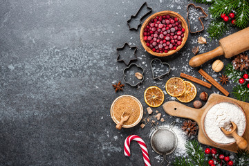 Christmas background. Table for holiday baking cookies with ingredients