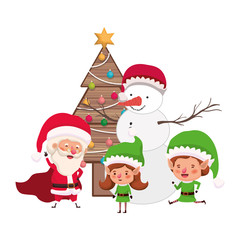 couple of elves and santa claus with snowman