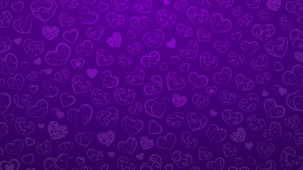Background of small hearts with ornament of curls, in purple colors