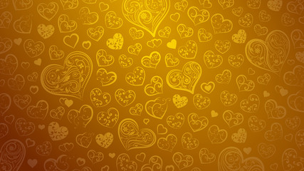 Background of big and small hearts with ornament of curls and flowers, in yellow colors