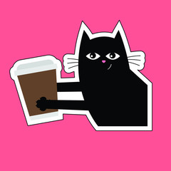 Black cat sticker with cup of coffee. Happy black cat vector illustration on bright background. Black trendy cat.