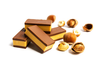Hazelnut chocolate bars isolated on white