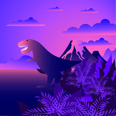 Active volcanoes with lava, silhouette of dinosaur on a purple sky. Prehistoric illustration with extinct animal. Vector nature landscape.
