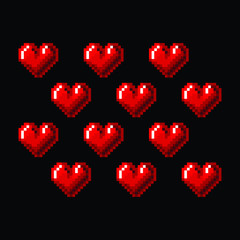 Fototapeta na wymiar Beautifull pixel flat heart pattern on black backgrownd. Original design for games.