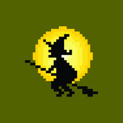 Halloween witch flying on a broomstick, her silhouette is lit by moonlight. Pixel design illustration.