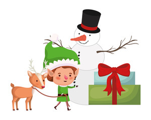 elf with gifts boxs and snowman avatar character