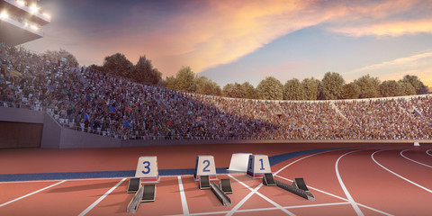 Running track. 3D illustration. Professional athletics stadium. Starting line with starting block - obrazy, fototapety, plakaty