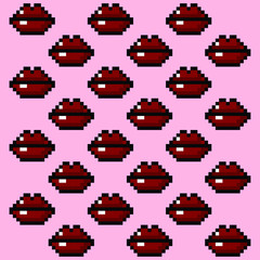 Vector illustration of woman red lips on pink background. Retro lips pattern. Pixel art.