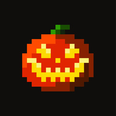 Black background with orange pixel pumpkin. Pixel art halloween pumpkin with spooky face on black background.