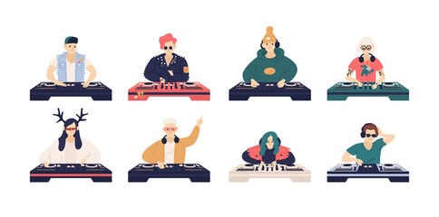 Collection of male and female DJ s isolated on white background. Bundle of cute funny disc jockeys playing music records on audio mixers or controller. Vector illustration in flat cartoon style.