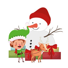 elf with gifts boxs and snowman avatar character