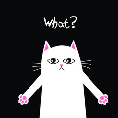 White cat on black background asking what? Upset write cat sticker vector illustration. Trendy sticker of cartoon cat.