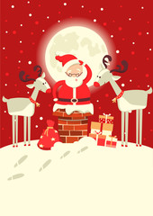 Santa Claus in the chimney with deers in the Christmas holiday winter moon night. Vector illustration