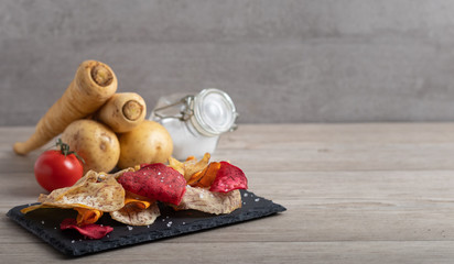 Mix of root vegetable chips made of sweet potato,beetroot, parsnip,manioc and taro.