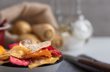 Mix of root vegetable chips made of sweet potato,beetroot, parsnip,manioc and taro.