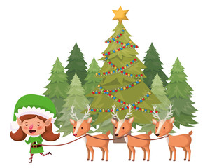 elf woman with reindeer and christmas tree