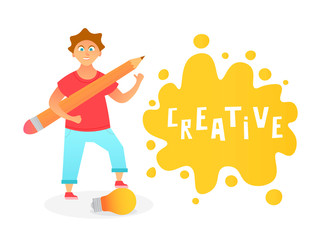 Woman designer holding pencil. Creative illustration.