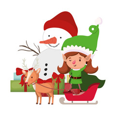 Obraz na płótnie Canvas elf woman with gifts boxs and snowman