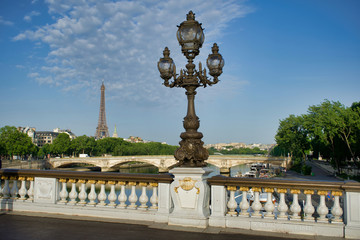 Fototapeta na wymiar PARIS, FRANCE - MAY 26, 2018: Pont Alexandre III. View of the Bridge of Invalids and the Eiffel Tower.