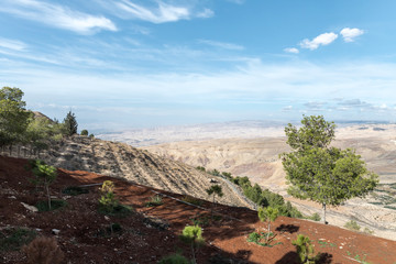 View from  Mount Nebo on the Jordanian landscape near the city of Madaba in Jordan