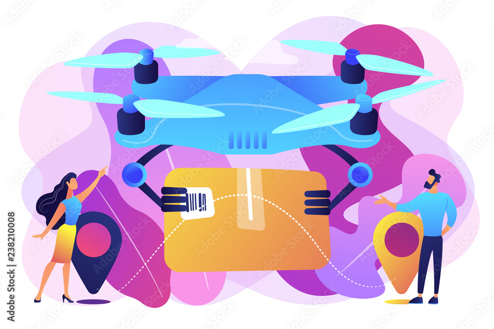 Poster drone transporting package to location pins with business people waiting for it. drone delivery, com