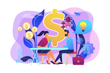 Salesperson suggesting a solution idea to consumers problem. Consultative sales, customer-oriented selling, trendy sales method concept. Bright vibrant violet vector isolated illustration