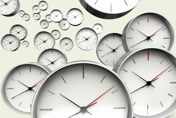 3D rendering of the time concept with many clocks approaching the camera