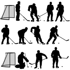 Set silhouette of hockey player on white background