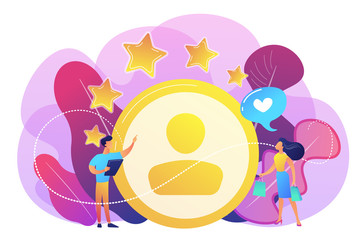 Marketer measuring customer satisfaction and rating stars. Satisfaction and loyalty analysis, customer retention increasing, marketing tools concept. Bright vibrant violet vector isolated illustration